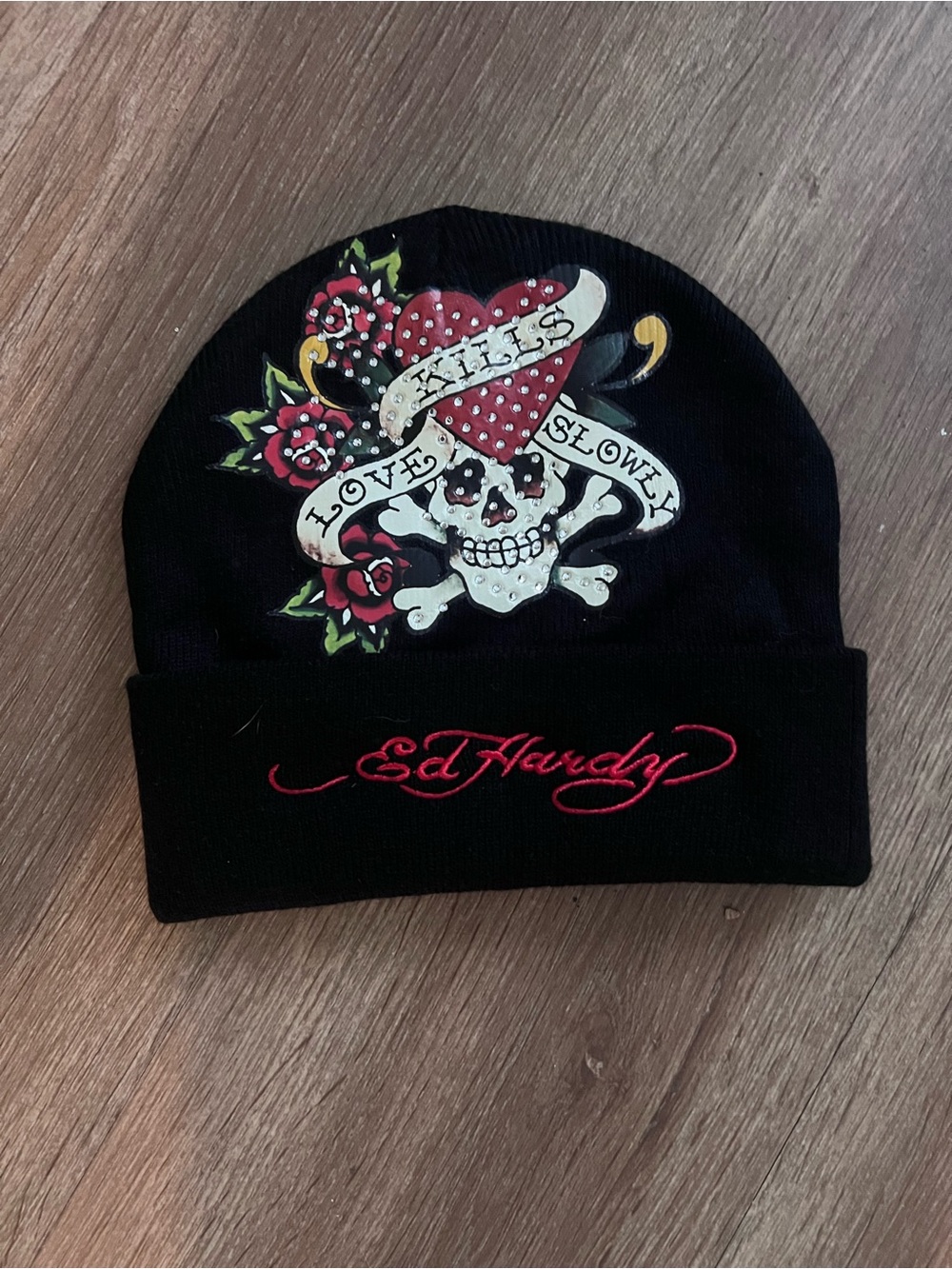 Ed Hardy Black Beanie with Red Embroidered Logo and Multi-Color Skull Motif